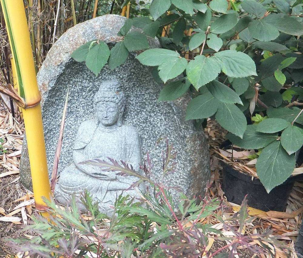 Buddha Stein. Bambus-Baumschule Darmstadt. Spezialgärtnerei Ulrich Willumeit. Baumschule Darmstadt Eberstadt